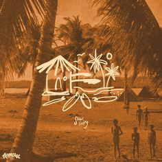 an image of people walking on the beach with palm trees in the foreground and words that read life