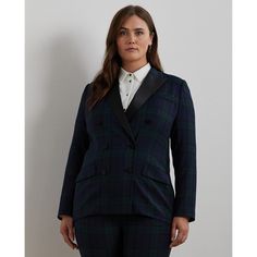 Waist darts and shoulder pads enhance the structured silhouette of this double-breasted blazer which features glossy satin peak lapels and a soft wool-blend twill construction. A must-have layer for holiday dressing this style is fiber-dyed with a festive plaid pattern realized in hues of blue green and black. Holiday Dressing, Ralph Lauren Plaid, Breasted Blazer, Double Breasted Blazer, Green And Black, Soft Wool, Outerwear Women, Holiday Dresses, Plaid Pattern