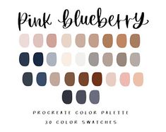 the pink blueberry color palette is shown in shades of brown, beige and black