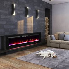 a dog laying on the floor in front of a fire place with three lamps above it