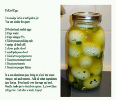 pickled eggs in a mason jar with instructions on how to cook them for dinner