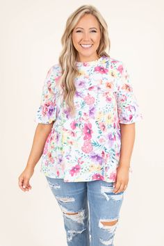 Chic Soul plus size clothing, ivory pink purple yellow floral half length flutter sleeve casual top Feminine Ruffle Sleeve Peplum Top For Spring, Spring Feminine Peplum Top With Ruffle Sleeves, Cute White Blouse With Floral Print, White Short Sleeve Peplum Top For Spring, White Floral Print Blouse With Flutter Sleeves, Cute Multicolor Floral Print Blouse, White Blouse With Floral Print And Ruffle Sleeves, White Floral Print Flutter Sleeve Blouse, Floral Print Short Sleeve Peplum Top For Spring