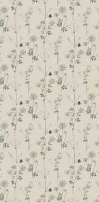 a white and green wallpaper with small flowers on the bottom half of it,