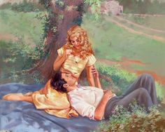 a painting of a woman sitting on top of a man's back in the woods