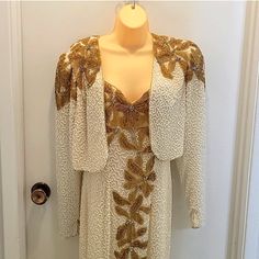 Stunning Hand Beaded Gown. White And Gold Beads Gown White, Haute Couture Dresses, Beaded Gown, Couture Dresses, Hand Beading, Gold Beads, Size 4, Maxi Dress, Couture