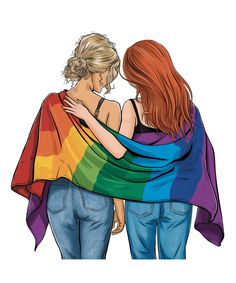 two women wrapped in a rainbow colored shawl are facing each other and one woman has her back to the camera