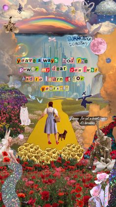 a collage of images with flowers and fairy tale characters in the background, including an image of a woman holding a dog