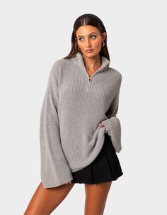 Stay Relaxed To The Max In This Essential Cozy Oversized Zip Sweater. Throw It Over Any Outfit For The Perfect Chilled Vibe. Zip Sweater. Oversized Fit. High Neckline. Knitted Fabric. Model Wears Size S. Model Height Is 5'9. Item Care: Wash With Similar Colors. 100% Cotton. | Edikted Amour High Neck Oversized Zip Sweater Obersized Sweater, Sweater Zip Up, Oversized Quarter Zip Outfit, Church Winter Outfit, Knit Shirt Outfit, Quarter Zip Outfit, Oversized Quarter Zip, Timeless Closet, Romper Fall