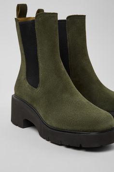 Milah  by Camper Camper Boots Woman, Suede Platform Boots With Lug Sole And Round Toe, Suede Chelsea Boots With Lug Sole, Modern Suede Boots With Leather Footbed, Suede Platform Boots With Reinforced Heel, Fall Suede Chelsea Boots With Lug Sole, Camper Shoes, Green Boots, Ankle Boots For Women