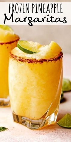 two glasses filled with frozen pineapple margaritas