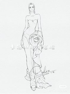 a drawing of a woman in a dress with flowers on the bottom and one leg