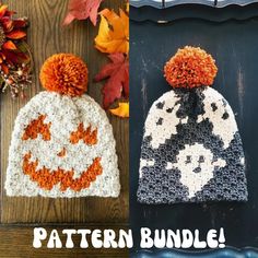 two knitted hats with pumpkins on them and the words pattern bundle written below