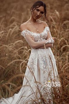 Unique Off-the-Shoulder Appliques A-line Rustic Wedding Dress with Sleeves QW2689|SQOSA Forest Wedding Dress, Burgundy Prom Dress Long, Cheap Wedding Dress Boho, Rustic Wedding Dress, Wedding Dress With Sleeves, Wedding Dresses High Low, Backless Bridal Gowns, Bohemian Wedding Dress Lace, Mother Dresses