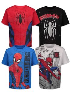 three spiderman t - shirts are shown in four different colors