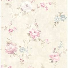 a floral wallpaper with pink and blue flowers on it's side, in pastel tones