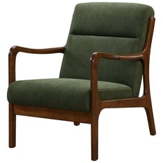 a green chair with wooden arms and legs