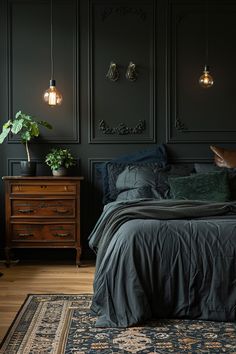 a bedroom with dark green walls and wooden furniture, including a bed covered in black linens