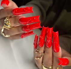 Red Textured Nails, Red Curved Nails, Red Chrome Acrylic Nails, Red Croc Nails, Red Birthday Nails Acrylic, Red Baddie Nails Acrylic, Curved Nails Designs, Long Red Acrylic Nails, Red Long Acrylic