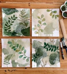 four watercolor paintings with green leaves on them