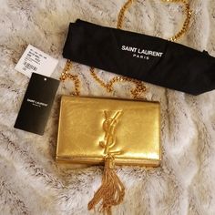 Authentic Yves Saint Laurent Nappa Silk Crossbody In Yellow Gold With Black Interior And Brass Hardware. Has Card Slot As Shown. Original Receipt, Tags, And Dust Bag Included Please See Photos And Ask Any Questions Before Purchase! No Returns Bags Ysl, Saint Laurent Bags, Yves Saint Laurent Bags, Saint Laurent Paris, Blair Waldorf, Black Interior, Brass Hardware, Yves Saint Laurent, Card Slots