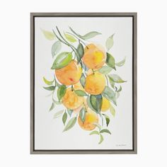 watercolor painting of oranges with green leaves on white background framed in wood frame