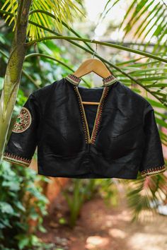 Black raw silk chinese collar blouse with jadau mandala design Collar Blouse Saree, Black Blouse Designs, Patch Work Blouse Designs