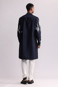 Navy chanderi kurta with thread embroidery. Comes with pant. - Aza Fashions Cotton Traditional Wear With Embroidered Sleeves, Designer Embroidered Cotton Sherwani, Cotton Kurta With Embroidered Sleeves For Festivals, Festival Cotton Kurta With Embroidered Sleeves, Festive Cotton Kurta With Embroidered Sleeves, Festive Cotton Traditional Wear With Embroidered Sleeves, Designer Embroidered Cotton Traditional Wear, Designer Cotton Traditional Wear For Diwali, Men Kurta