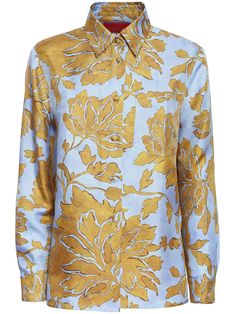 yellow silk floral print classic collar front button fastening buttoned cuffs straight hem rear curved hem Printed Silk Shirt, Yellow Silk, Silk Shirt, Silk Printing, Top Shirt, Floral Print, Floral Prints, Womens Tops, Top Outfits