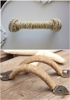 there are two pictures one has a cat toy and the other has a rope on it