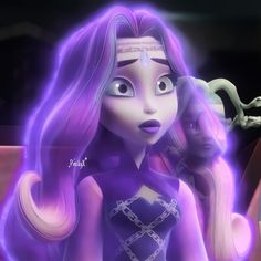 an animated character with long hair and purple hair, standing in front of two other characters