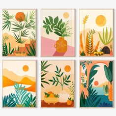 four paintings with plants and animals on them in different colors, including oranges, pinks, yellows, and green