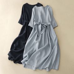 Women's Elegant Linen Dress Crew Neck Mid Sleeve with Waist Belt Cotton Linen Dress Casual A-line Belted Dress For Spring, Casual Black Belted Dress For Spring, Summer Midi Belted Dress, Casual A-line Belted Dress, Casual Spring A-line Belted Dress, Solid Dresses With Tie Waist For Daywear, Dresses With Tie Waist For Daywear, Casual A-line Dresses With Tie Waist, Cotton Linen Dresses