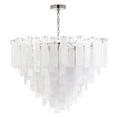 a large chandelier made out of glass blocks hanging from a metal chain on an isolated white background