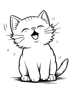 a black and white drawing of a cat with its mouth open, sitting on the ground