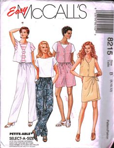 three women's pajamas and one woman's top sewing pattern