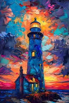 a painting of a lighthouse at sunset