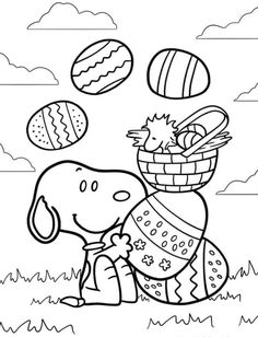 a cartoon dog playing with easter eggs in the grass, coloring pages for kids and adults