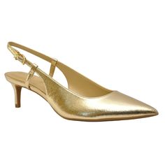 Doreen Flex Kitten Pump In Pale Gold Mfsrp: $155.00 Brand New In Mk Original Box The Doreen Flex Pump Is A Kind Of Chic, Versatile Style That Will Work For A Variety Of Occasions. Featuring A Sleek Pointed Toe, This Slingback Rests On A Kitten Heel And Fastens With Slender Buckled Straps. Show Yours Off With Cropped Tailored Trousers. Pump Metallic Or Matte Leather 40% Nylon/30% Polyester/20% Polyurethane/10% Lurex Lining: Polyurethane Blend Sole: Rubber Point Toe Buckle Fastening Heel Height: 2 Luxury Gold Slingback Pumps For Spring, Gold Slingback Pumps With Removable Insole, Classic Gold Slingback Pumps With Ankle Strap, Gala Slingback Pumps With Branded Heel, Gold Almond Toe Slingback Pumps For Formal Occasions, Gold Almond Toe Slingback Pumps For Formal Events, Designer Gold Slingback Pumps With Heel Strap, Gold Leather Slingback Pumps With Ankle Strap, Elegant Gold Slingback Pumps With Low Heel