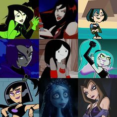 cartoon characters with different facial expressions and hair colors, including one woman in the middle