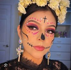 Coco Costume, Catrina Costume, Sugar Skull Costume, Makeup Ojos, Pink Eyeliner, Rhinestone Makeup, Cute Halloween Makeup, Boy Toy, Eye Makeup Pictures