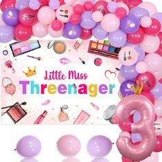 there are balloons, makeup and other items on the table that says little miss threenager