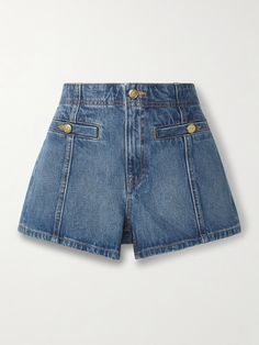 Ulla Johnson's 'The Camille' denim shorts are designed with exposed seams down the legs and have polished gold-tone buttons that feature the label's logo. Balance the high-rise waist with a cropped or tucked-in top. Chic High Rise Jean Shorts With Belt Loops, Styling Shorts, Cute Denim Shorts, Porter Bag, 80s Shorts, Summer Style Guide, Short Women Fashion, Flat Dress Shoes, Exposed Seams