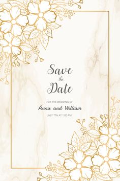 wedding card with flowers and leaves on the marble background, save the date for your special event