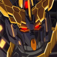 an animated image of a robot that looks like it has glowing eyes and gold armor