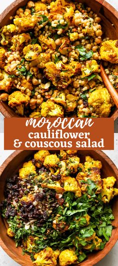 cauliflower and couscous salad in a wooden bowl with text overlay