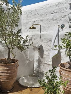 an outdoor shower with plants and towels hanging on the wall next to potted trees