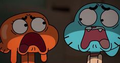 two cartoon characters with their mouths open in front of the camera, one has an angry look on his face