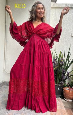 "Boho wedding dress with lace. Sleeve Bat wing with 2 layer of ruffled. Color purple and lace is burnt sugar. Elastic waist and string to tie at the back. Lined. 100% natural cotton. Color red Mustard. Cream. Magenta. Measurements: One size only as the measurements: Chest up to 52\" Waist 24\" stretch up to 52\" Length 55 inches. Sleeve 20 inches from the shoulder. Hip. 58\" ( measure from the inside lining) CARE: Machine wash cold. All the dresses are already washed." Bohemian Maternity Maxi Dress With Ruffles, Bohemian Floor-length Maxi Dress With Lace Trim, Orange Bohemian Maxi-length Boho Dress, Kaftan Wedding Dress, Red Bohemian A-line Maxi Dress, Kaftan Wedding, Bohemian Maternity Floor-length Dress, Wedding Dress Ruffle, Lace Trim Dress