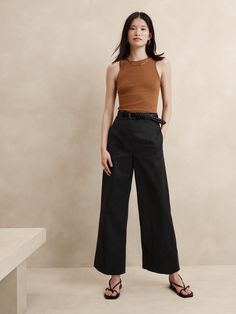 We designed these cropped wide-leg pants with warm weather in mind, cutting them from a softly structured twill made from breathable cotton and silky modal.  We added an adjustable slider belt, trouser creases and a wide-hem detail for a utilitarian twist.  High rise (11. 25"), wide leg.  Cropped length.  Zip fly with hook-and-bar closure.  Slider belt with snap closure.  Front and back pockets.  Unlined.  High rise (11. 25"), wide leg.  Cropped length.  Inseams: Petite/Short 23. 5", Regular 25. Adidas Samba Outfit, Linen Pants Outfit, Wide Leg Pants Outfit, Cropped Wide Leg Pants, Wide Leg Cropped Pants, Casual Work Outfits, Wide Pants, Bottom Clothes, Work Outfits