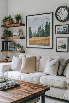 a living room filled with lots of furniture and pictures on the wall above it's coffee table